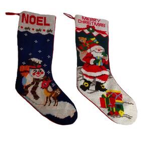 Vintage Needlepoint Christmas Stockings Noel Snowman And Merry Christmas Santa